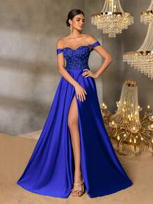 Faeriesty Đầm dạ hội trễ vai dành cho nữ, thân áo ôm sát đính ren và ngọc trai, kiểu dáng thanh lịch, xẻ tà cao, dáng ôm vừa vặn, thích hợp cho các bữa tối trang trọng, đám cưới, dạ hội, sự kiện thảm đỏ và các buổi lễ kỷ niệm trang trọng mùa xuân. - Xanh đậm - Xem 6