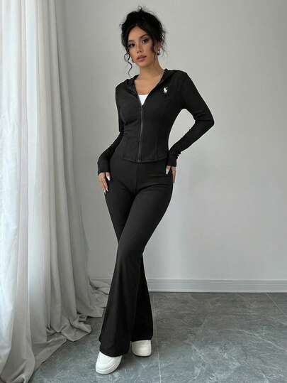 abyoxi 2pcs/Set Women's Black Hooded Zip-Up Jacket And Flared Pants, Fashionable Casual Sportswear, For Outdoor, Street, Sports, Daily Wear, Personal Charm, Valentine's Day, Coat And Long Pants Spring Summer Fall Winter Outfits