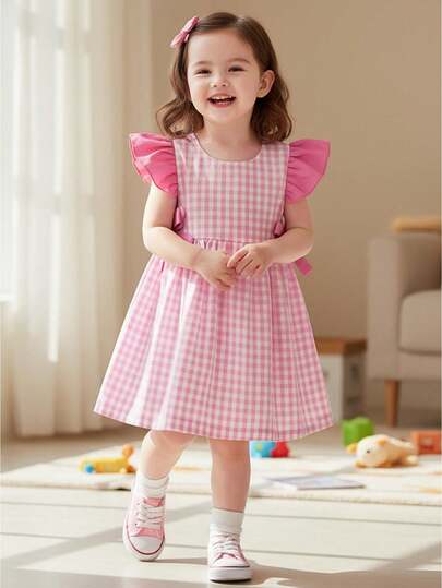 Vestido de verano para niña pequeña, corte A, estampado a cuadros, cuello redondo, mangas voladoras, ropa de calle