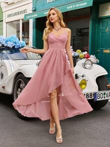 Elegant Chiffon Long Bridesmaid Dress, Sleeveless Spaghetti Strap Backless Asymmetric Ruffle Zipper Detail - Pink - View 2