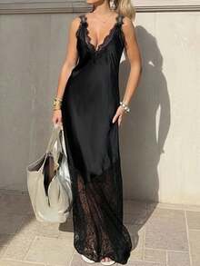 Women's Elegant Sexy V-Neck Slip Dress, Solid Color Woven Fabric With Lace Splice, Elegant For Office, Daily, Date, Airport Outfit, Summer - Black - View 5