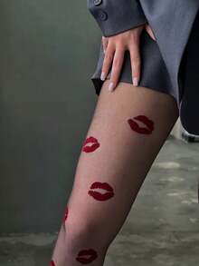 1pc Black Sexy Lip Print Thin Pantyhose - Black - View 3