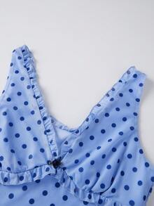 Women's Summer Crop Tank Tops Dot Print Sleeveless V-Neck Frill Slim Fit Vest For Party - Màu xanh lam - Xem 3