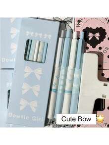 4pcs Cute Retractable Bow Gel Pens, 0.5mm Fine Tip, Smooth Writing, Black Ink, Suitable For Office, School, Cartoon Style, Blue Color (Blue); Beaded Pen; Engraved Ballpoint Pen With Crystal And Diamond Decor; Fun Work Pen; Aesthetic Pen; Exam Pen; Quick-Drying Durable Click Pen, Bulk Order - Black - View 3