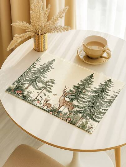 4 قطع من الحصائر المائية بتصميم الغابة والأشجار والغزلان والفطر بألوان الربيع الخضراء والبنية والبيج، حصائر سهلة التنظيف لتزيين طاولات الطعام الداخلية والخارجية المستديرة في الحفلات والمناسبات