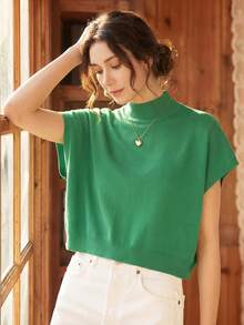 Knit Mix Women's French Casual Knit Sleeveless Turtleneck Top, Lightweight Ribbed Knit Pullover Sweater, Suitable For Spring And Autumn, Loose And Fashionable, Back To School Autumn Outfit - Green - View 9