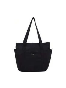 大容量帆布手提袋，多口袋单肩包，便携手提包，适合上学、工作、旅行、购物，青少年、女性或学生文具背包，非常适合携带书籍、购物和返校用品。 - 黑色 - 查看 9