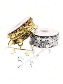 1Rolls 5M Golden Star Garland Spool,Festival Decorative Ribbon, For Crafting, Christmas Gift Wrapping, And Valentine's Day Decorations,Fashionable Ribbon Jewelry Gift Box Packaging Ribbon Daily Decoration Valentine Day,Perfect For DIY Projects. - Multicolor - View 4
