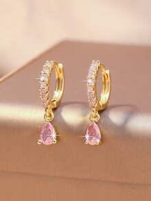 Pendientes de aro con piedra preciosa en forma de lágrima multicolor - Pendientes colgantes de tono dorado, adecuados para uso diario/fiesta - gotas de agua - Ver 18