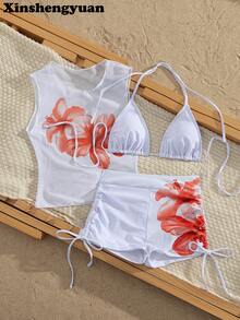 Xinshengyuan 3pcs/Set European And American Fashion,New Year's,Valentine's Day Costumes,White Sexy Elegant Slimming,Flowers Positioning Printed Pattern,Sleeveless Top,Pleated Briefs Pants With Drawstring On The Side,Detachable Swimwear Pad,Casual Outing Seaside Beach Party Luxury Bikini Set.