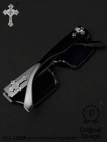 POLASUP 1 chiếc kính mát chống vỡ hình chữ thập pha lê đen và hình trái tim bằng kim loại trang trí bằng polycarbonate chống vỡ thể thao thường ngày đường phố cổ điển đỉnh phẳng thời trang bản lề bằng đồng bản lề không bằng nhựa chống tia UV (Tặng kèm dây đeo kính và khăn lau, thời trang nam/nữ Y2K cổ điển mọi mùa, phong cách, cổ điển, vuông, du lịch, kính mắt trang trí UV400 (thiết kế nguyên bản) - Khung đen/toàn bộ màu xám/bạc và chữ thập đen - Xem 13