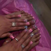 Pink French Tips Press On Toenails Rhinestone Press On Nails Short Square Fake Nails With Designs Nude Pink Fake Toenails Reusable Glossy Skin Tones False Nails For Women Girls Manicure 48Pcs - ColorQ - 查看 1