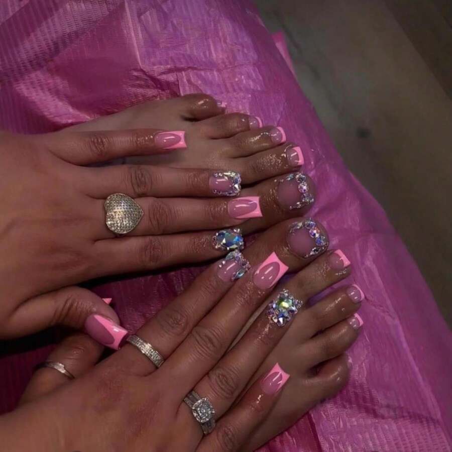 Pink French Tips Press On Toenails Rhinestone Press On Nails Short Square Fake Nails With Designs Nude Pink Fake Toenails Reusable Glossy Skin Tones False Nails For Women Girls Manicure 48Pcs - ColorQ - 查看 1