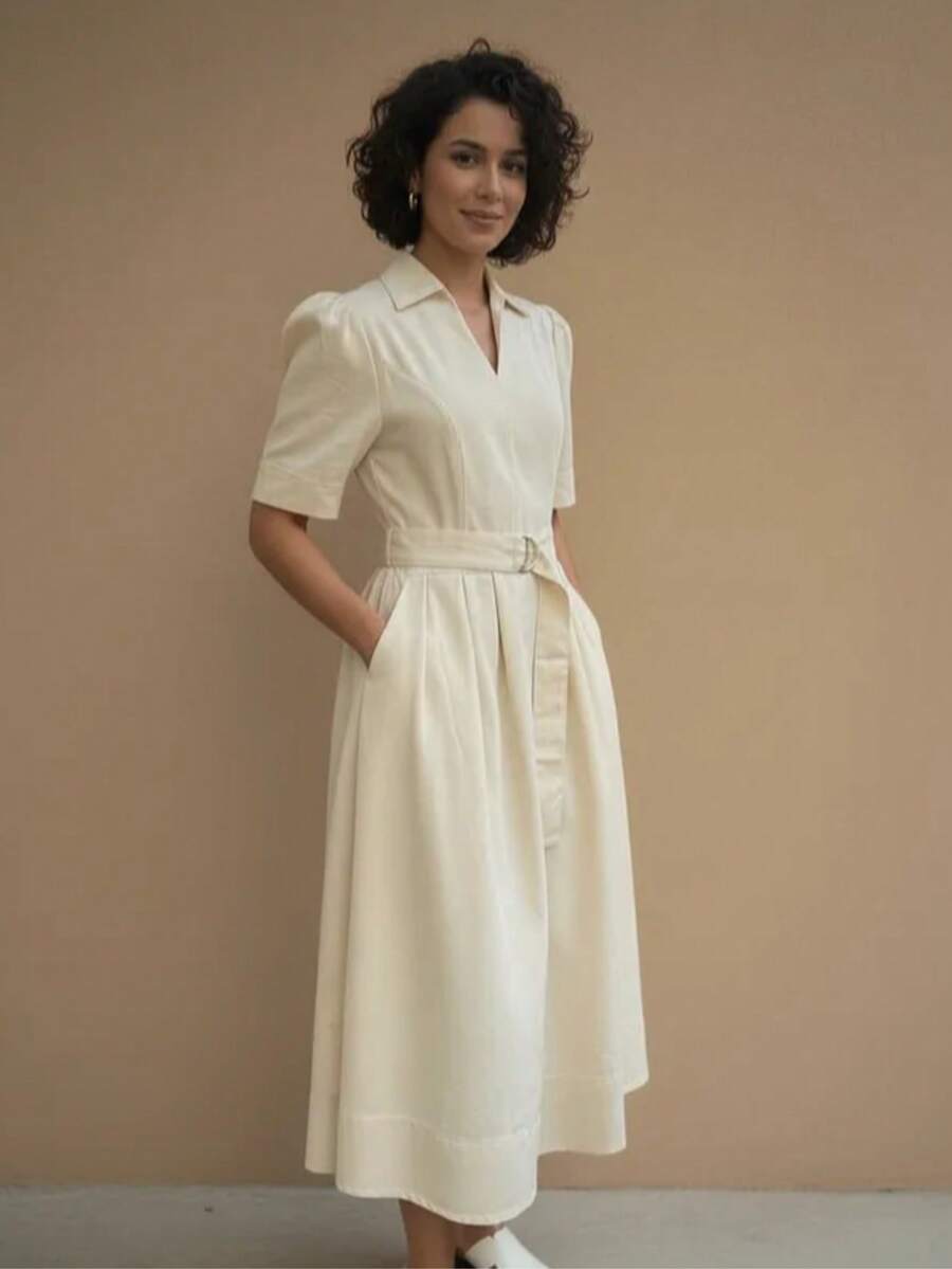 Midi Dress With Belt, Lapel Collar And Princess Sleeves - 裸色 - 查看 1