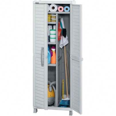 CYPNRimax Armario Organizador Plástico 3 Estantes Ajustables y 1 Fijo Espacio para Escobas Trapeadores Gabinete Multiusos Ideal Hogar Jardín o Exterior Resistente Duradero Fácil de Limpiar GrisFashion