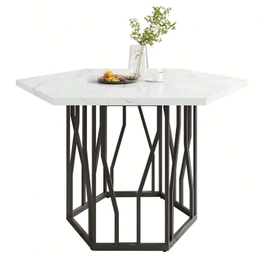 Modern Hexagonal Marble Coffee Table With Black Metal Branch-Shaped Base, Featuring A Clean Design, Ideal For The Dining Room And Living Room. - 黑與白 - 查看 1