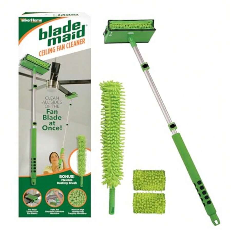 CYPNBlade Maid - Limpiador de Ventilador de Techo Herramienta de Limpieza con Poste Extensible de 3 pies Cabezal de Limpieza Plumero de Fibra Reutilizable y Cepillo para Polvo FlexibleFashion - Kit de limpieza de hoja - poste de 3 pies - Ver 1