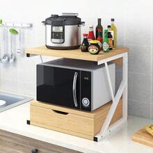 Microwave Oven Shelf Stand With Drawer, 2-Tier Kitchen Countertop Storage Rack Spices Rack Freestanding, Home Office Printer Stand Multifunctional Unit Shelving Wood Top Metal Frame - 雙層深胡桃木抽屜櫃 - 查看 11