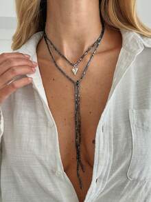 1 件几何串珠不对称圆形吊坠流苏饰物长项链，时尚别致，适合休闲、街头风格、旅行、婚礼、约会、女士生日、节日、多功能珠宝礼物