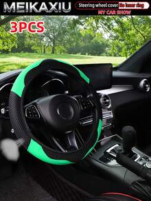 MEIKAXIU 3pcs/Set Mesh & PU Leather Patchwork Steering Wheel Cover, Handbrake Cover, Gear Shift Knob Cover Fit For 14.5-15 Inch Cars Decoration Accessories - Mesh Leather Sport - View 13
