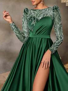 Faeriesty Women's Elegant Evening Gown, Round Neck, Long Sleeve Sequin, High Slit Design, Fitted Silhouette, Suitable For Formal Occasions Such As Galas, Wedding Guests, Formal Dinners, Red Carpet Events, Celebrations And Parties. - Dark Green - View 6