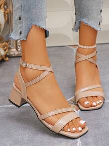 New Elegant Women's Sandals With Square Toe, Chunky Heels, Summer Shoes, Buckle Strap, Open Toe & Heel, Suitable For Dresses, Thick Heel - Khaki - View 6