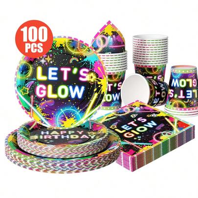 Neon Fluorescent Disposable Plates, Napkins, Cups - One-Time Party Supplies Set, Suitable For 25 Guests, Disposable Paper Plates Party Tableware For Birthday, Wedding, Theme Party, Family Picnic