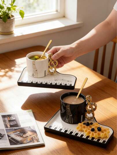 Black & White Melody Coffee Cup & Saucer Set, Ceramic Piano-Shaped Coffee Cup & Saucer, French Ceramic Cup, Baking Tray, High-Quality Water Cup, Suitable For Home Kitchen, Restaurant And Living Room. Can Hold Tea, Coffee, Milk And Juice, Also Suitable For Outdoor Activities, Weddings, Parties, Gifts, Birthdays, Christmas And Other Occasions.