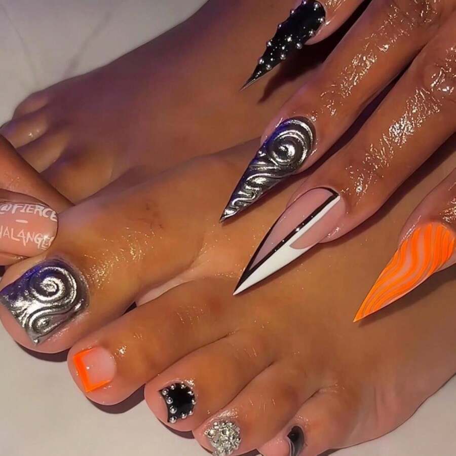 Orange French Tips Press On Toenails Orange Wave Press On Nails Long Stiletto False Nails With 3D Silver Swirl Design Rhinestone Fake Toenails Black Lines Fake Nails For Women Manicure 48Pcs - ColorJ - 查看 1