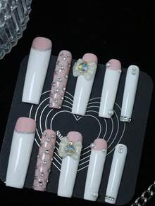 CrystalHola Valentine's Day Nails, 10 Pieces Of Handmade Fake Nails, Press-On Nails, French Tip Nails, Acrylic Nail Kit, Long Coffin Nails, White Nails With Nail Accessories And Bows, Glittery Holiday Nails, Cute Nails, Y2K Style, Suitable For Music Festivals And Parties, Everyday Wear, A Good Gift For Girls And Women, New Year Nails. Nail Supplies Handmade Press On Nails - Multicolor - View 3