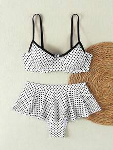 女士复古波点黑白撞色挂脖比基尼，荷叶边度假风性感两件式泳衣，适合海滩、夏季、春季穿着，2026年女士生日装、健身服、优雅连衣裙、度假装、休闲上衣 - 黑與白 - 查看 3