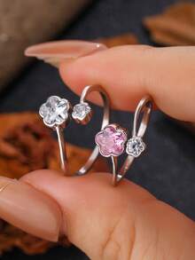 Anillo de trébol con doble cristal, anillo abierto con contraste de rosa y blanco, accesorio versátil y fresco para el día a día - Rojo y blanco - Ver 2