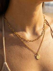 1pc Elegant Stainless Steel Double Layer Necklace, Paperclip Chain, Gold Round Pendant Necklace, Layerable Necklace, Gift For Women - Necklace - View 1