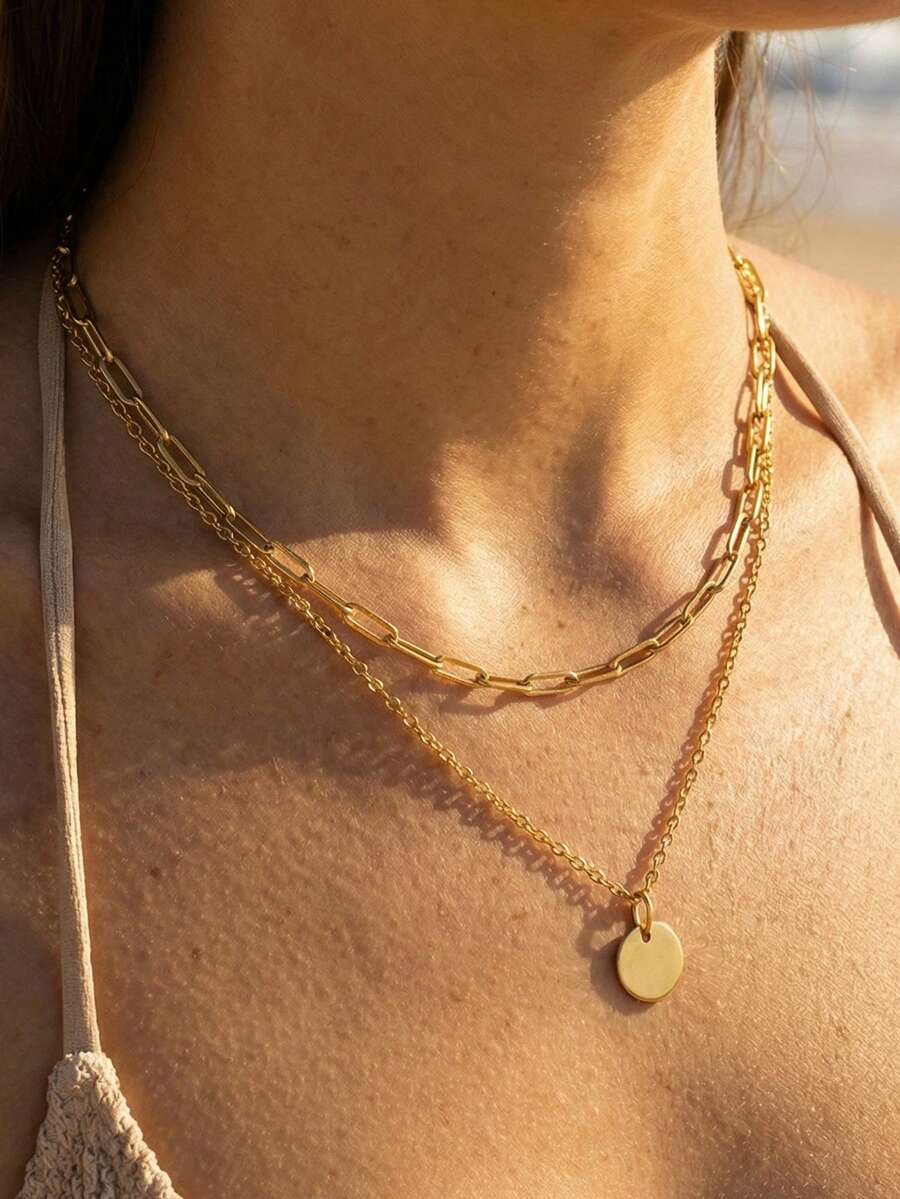 1pc Elegant Stainless Steel Double Layer Necklace, Paperclip Chain, Gold Round Pendant Necklace, Layerable Necklace, Gift For Women - Necklace - View 1