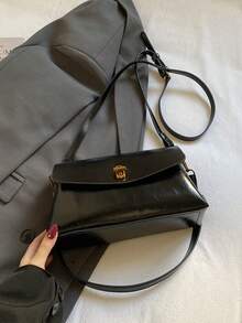 Women's Retro High-Quality Handbag With Flap Closure, Boxy Shape, Metal Hardware, Detachable Shoulder Strap, Casual Daily Use - Black - View 6