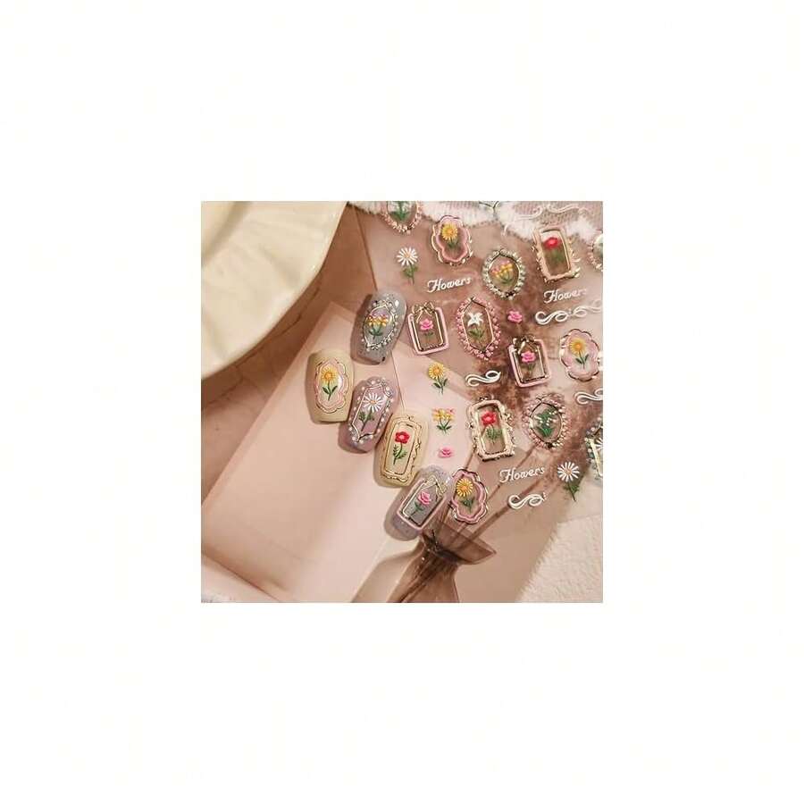 Flower Nail Art Stickers 5D Embossed Nail Decals Tulip With Golden Design Nail Stickers For Spring Nail Art Se--Adhesive Summer Manicure Decorations For Women Acrylic Nail Supplies - Style3 - 查看 1