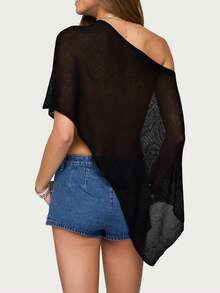 Knit Sheer Poncho Top For Women Y2k Asymmetric Shrug Beach Cover Up See Through Lightweight Off Shoulder Shawl - màu đen - Xem 3