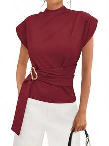 Women Blouses Spring Dressy Cap Sleeve Mock Neck Work Shirts Buckle Tunic Summer Business Casual Tops 2026 - Burgundy - View 11