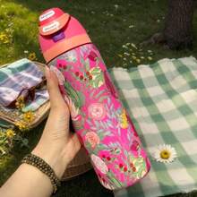 32oz Stainless Steel Insulated Water Bottle - Available In Various Floral Patterns / Keeps Drinks Hot Or Cold / Features A Stainless Steel Body, A Push-Button Dustproof Lid, And A Plastic Straw. - 桃紅 - 查看 6