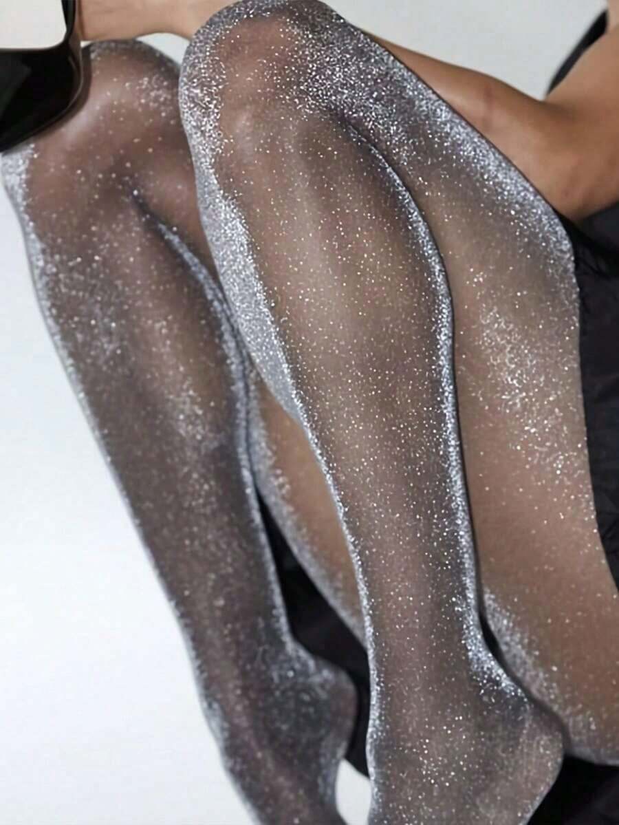 1pc Metallic Shimmer Shiny Pantyhose Women, Suitable - màu đen - Xem 1
