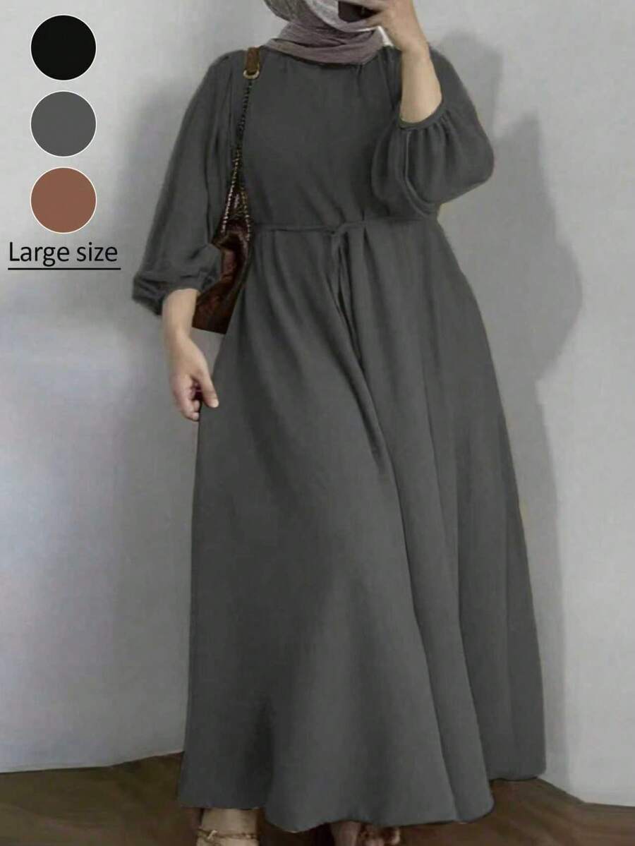 Plus Size Arabic Style Long Sleeve Round Neck Woven Loose Dress Spring
