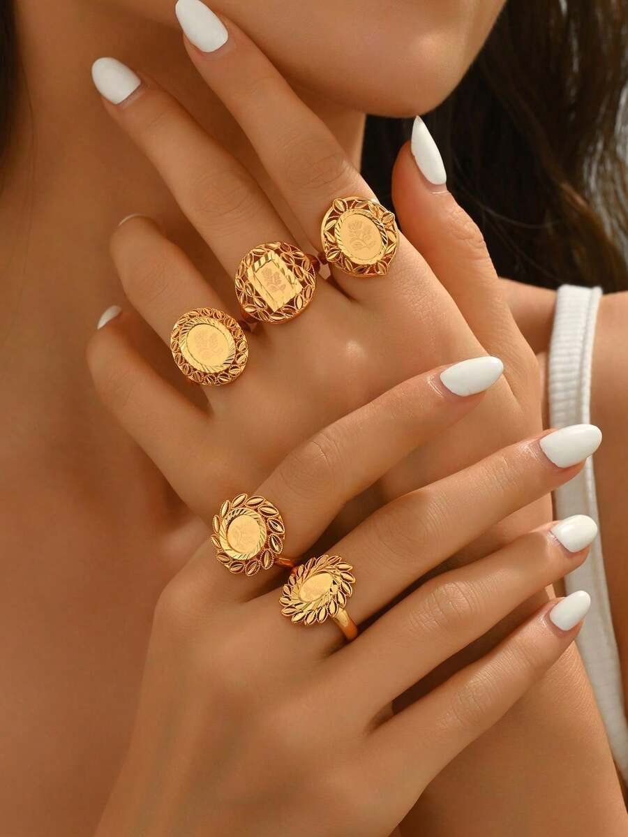 1pc Fashionable European & American Rose Laser Cut Open Ring, Hollow Wedding Jewelry - Yellow Gold - View 1