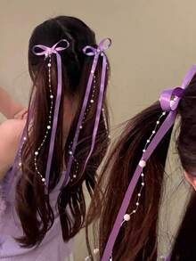 2pcs Ladies' Hair Claw Clip With Ribbon Bow And Pearls, Made Of High-Quality Materials With An Elegant Feel. Can Be Used As A Hair Claw Clip, Small Hair Clip For Bangs, Side Clip, Or Hair Clip. Sweet, Stylish, Graceful, Elegant, And High-End. Hair Accessory Suitable For Daily Use, Festive Gatherings, Parties, Vacations, And Trips. A Perfect Gift Of Hair Accessories And Headwear For Girls.