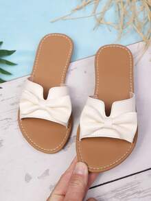 甜美蝴蝶结舒适露趾凉鞋，适合幼儿和大童，适合外出、度假、日常搭配连衣裙、宝宝玩水、海滩，简约平底凉鞋 - 米色 - 查看 6