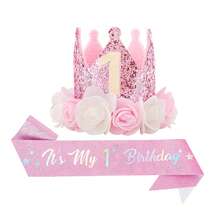 一套婴儿生日派对用品，闪光面料和缎面材质，适合2/3/4/5岁宝宝生日，包括皇冠头饰、花冠头饰、印有“It's My Birthday”字样的缎带腰带、5英寸发箍，公主风派对用品，庆典服装配饰 - 彩色 - 查看 4
