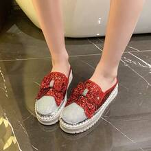 Women's Spring/Summer Slip-On Flat Sandals, Glitter Rhinestone Embellished Shoes, Casual Slip-On Loafers - Red - View 3