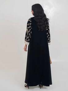 Hafizah 1pc Black Modest Velvet Embroidered Cardigan Abaya Robe - Black - View 6