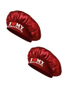 1/2pcs Silk Hair Bonnet For Couple Printed I LOVE MY Girl /Boy Friend Black Wide Brimmed Basic Satin Bonnet Valentine's Day Valentines - Multicolor - View 6