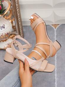 New Elegant Women's Sandals With Square Toe, Chunky Heels, Summer Shoes, Buckle Strap, Open Toe & Heel, Suitable For Dresses, Thick Heel - Khaki - View 3