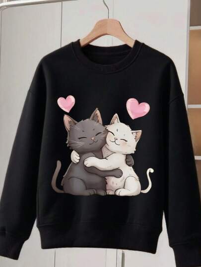 KID004|niños Sudadera de cuello redondo para |Para niños de 4 a 15 años|Enviado desde México|Camiseta con dibujo de dos gatos abrazándose y dos corazones rosados que retratan una escena cálida y afectuosa